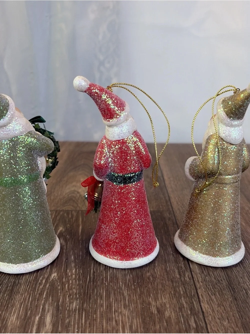 Lot of 3 Ceramic Santa Ornaments Shelf Sitters Red White Gold Glitter Sparkles
